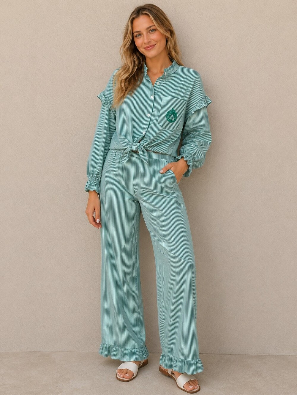 New Striped Ruffle Pantsuit in Mint Green And White